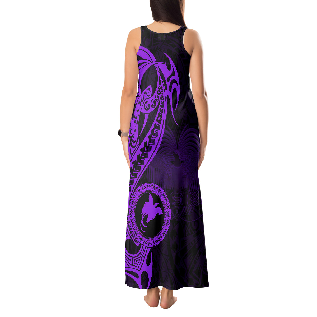 Papua New Guinea Island Tank Maxi Dress Bird of Paradise with Purple Polynesian Tribal - Wonder Print Shop