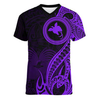 Papua New Guinea Island Women V Neck T Shirt Bird of Paradise with Purple Polynesian Tribal - Wonder Print Shop