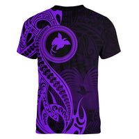 Papua New Guinea Island Women V Neck T Shirt Bird of Paradise with Purple Polynesian Tribal - Wonder Print Shop