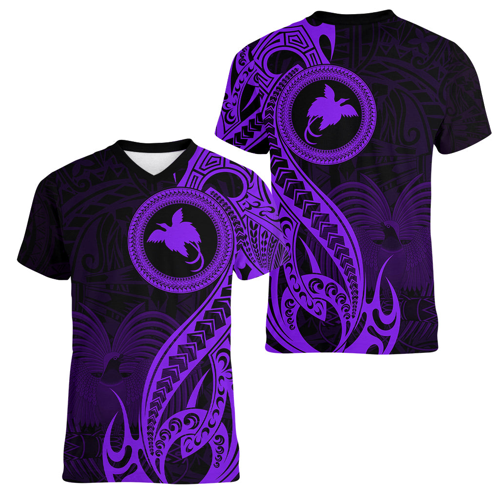 Papua New Guinea Island Women V Neck T Shirt Bird of Paradise with Purple Polynesian Tribal - Wonder Print Shop