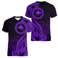 Papua New Guinea Island Women V Neck T Shirt Bird of Paradise with Purple Polynesian Tribal - Wonder Print Shop
