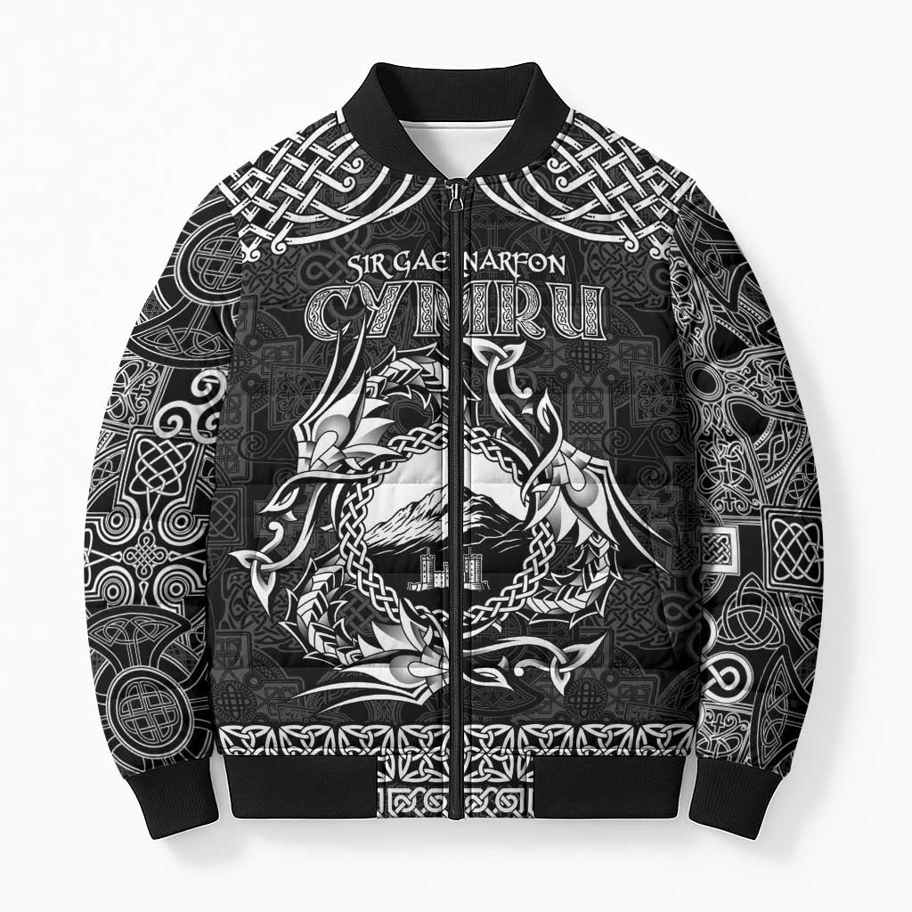 Personalized Caernarfonshire Sir Gaernarfon Bomber Puffer Jacket Black Castle Tower Celtic-inspired - Wonder Print Shop