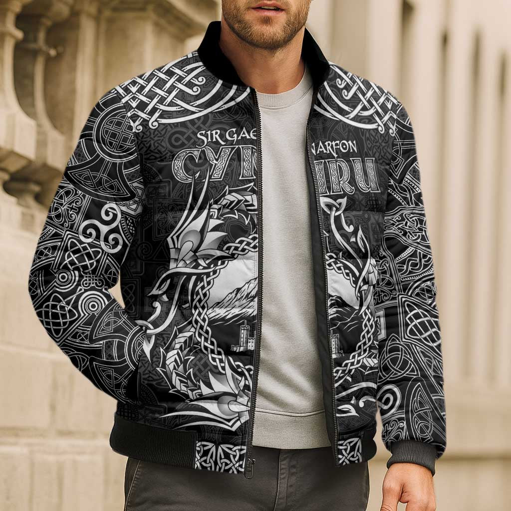 Personalized Caernarfonshire Sir Gaernarfon Bomber Puffer Jacket Black Castle Tower Celtic-inspired - Wonder Print Shop