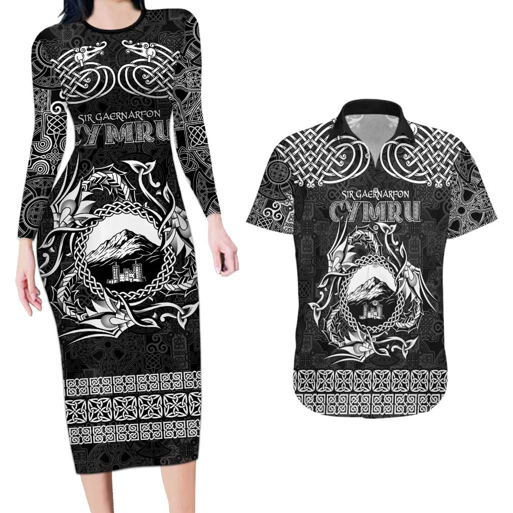 Personalized Caernarfonshire Sir Gaernarfon Couples Matching Long Sleeve Bodycon Dress and Hawaiian Shirt Black Castle Tower Celtic-inspired - Wonder Print Shop