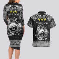 Personalized Caernarfonshire Sir Gaernarfon Couples Matching Long Sleeve Bodycon Dress and Hawaiian Shirt Black Castle Tower Celtic-inspired - Wonder Print Shop