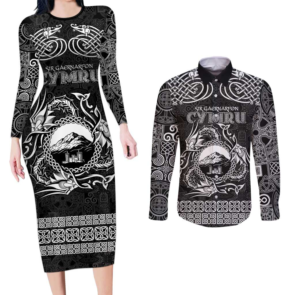 Personalized Caernarfonshire Sir Gaernarfon Couples Matching Long Sleeve Bodycon Dress and Long Sleeve Button Shirt Black Castle Tower Celtic-inspired - Wonder Print Shop