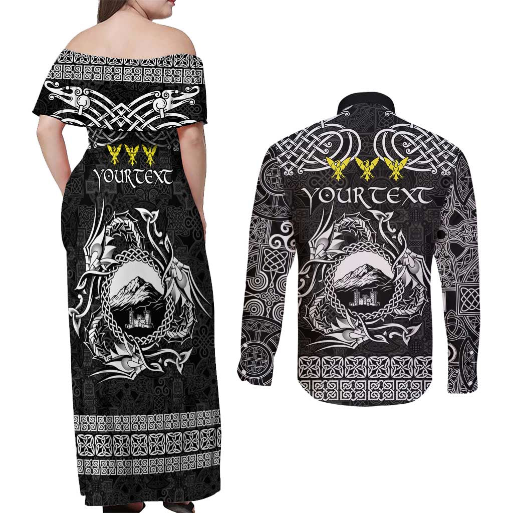 Personalized Caernarfonshire Sir Gaernarfon Couples Matching Off Shoulder Maxi Dress and Long Sleeve Button Shirt Black Castle Tower Celtic-inspired - Wonder Print Shop