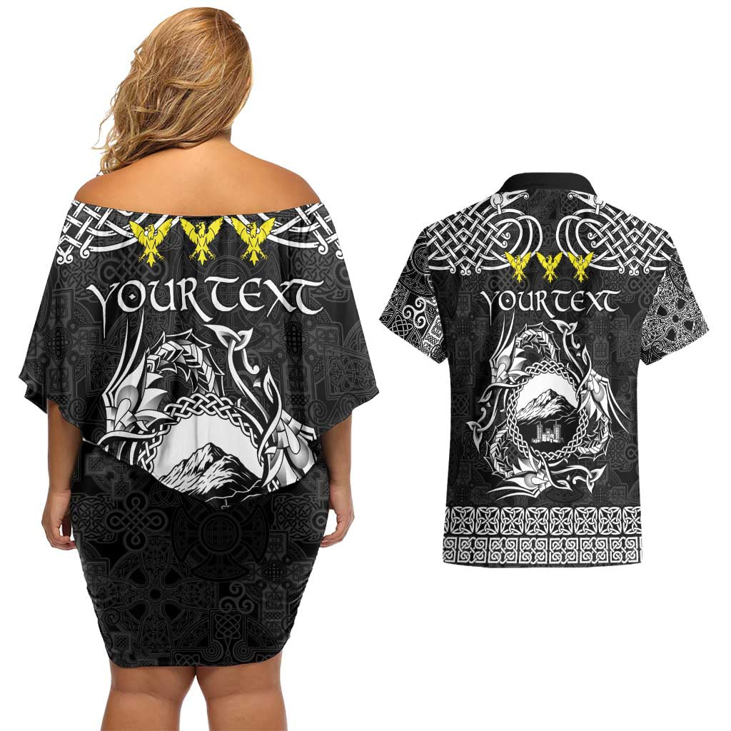 Personalized Caernarfonshire Sir Gaernarfon Couples Matching Off Shoulder Short Dress and Hawaiian Shirt Black Castle Tower Celtic-inspired - Wonder Print Shop