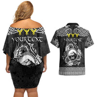 Personalized Caernarfonshire Sir Gaernarfon Couples Matching Off Shoulder Short Dress and Hawaiian Shirt Black Castle Tower Celtic-inspired - Wonder Print Shop