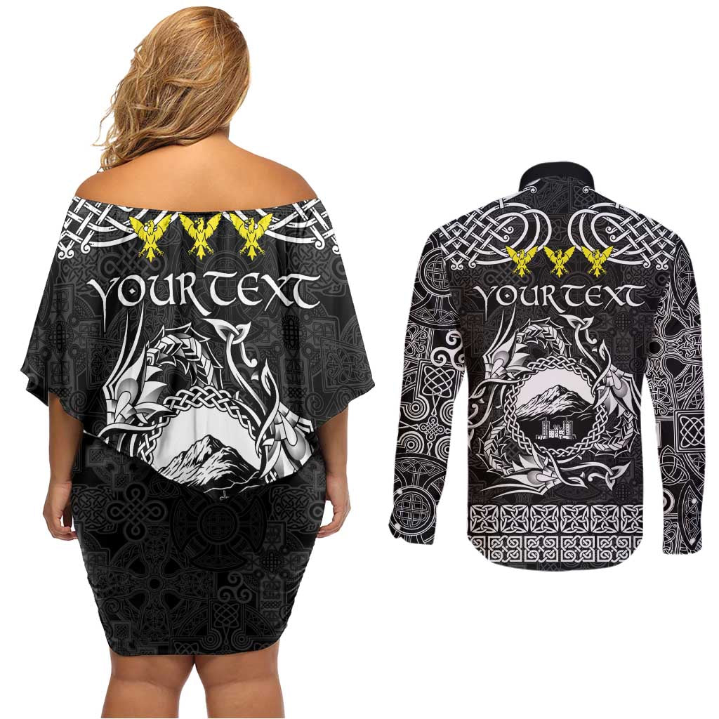 Personalized Caernarfonshire Sir Gaernarfon Couples Matching Off Shoulder Short Dress and Long Sleeve Button Shirt Black Castle Tower Celtic-inspired - Wonder Print Shop