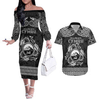 Personalized Caernarfonshire Sir Gaernarfon Couples Matching Off The Shoulder Long Sleeve Dress and Hawaiian Shirt Black Castle Tower Celtic-inspired - Wonder Print Shop