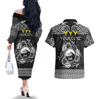 Personalized Caernarfonshire Sir Gaernarfon Couples Matching Off The Shoulder Long Sleeve Dress and Hawaiian Shirt Black Castle Tower Celtic-inspired - Wonder Print Shop