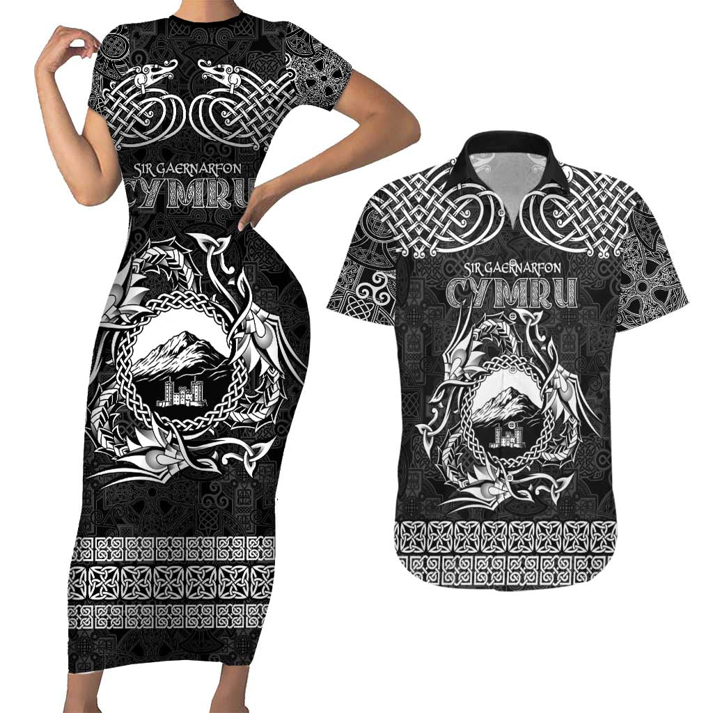 Personalized Caernarfonshire Sir Gaernarfon Couples Matching Short Sleeve Bodycon Dress and Hawaiian Shirt Black Castle Tower Celtic-inspired - Wonder Print Shop