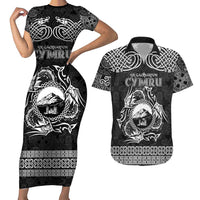 Personalized Caernarfonshire Sir Gaernarfon Couples Matching Short Sleeve Bodycon Dress and Hawaiian Shirt Black Castle Tower Celtic-inspired - Wonder Print Shop