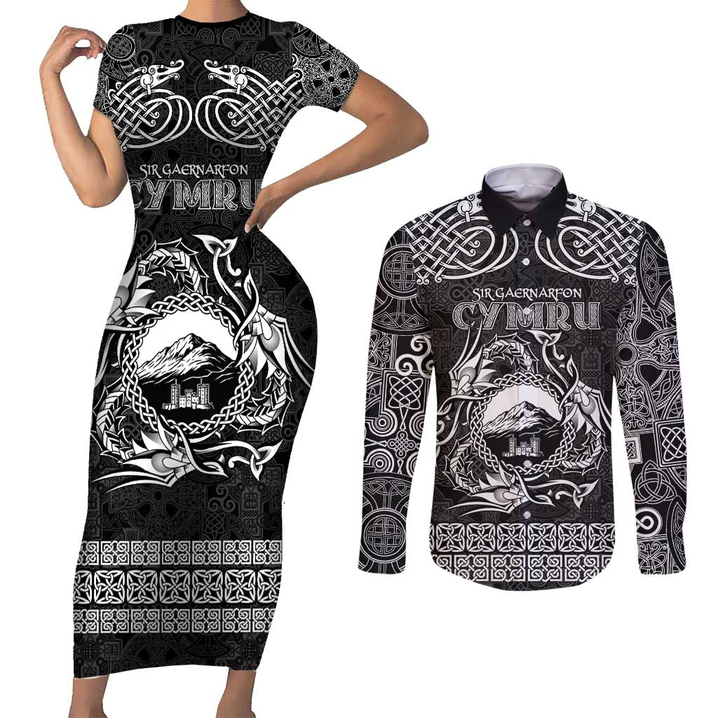 Personalized Caernarfonshire Sir Gaernarfon Couples Matching Short Sleeve Bodycon Dress and Long Sleeve Button Shirt Black Castle Tower Celtic-inspired - Wonder Print Shop