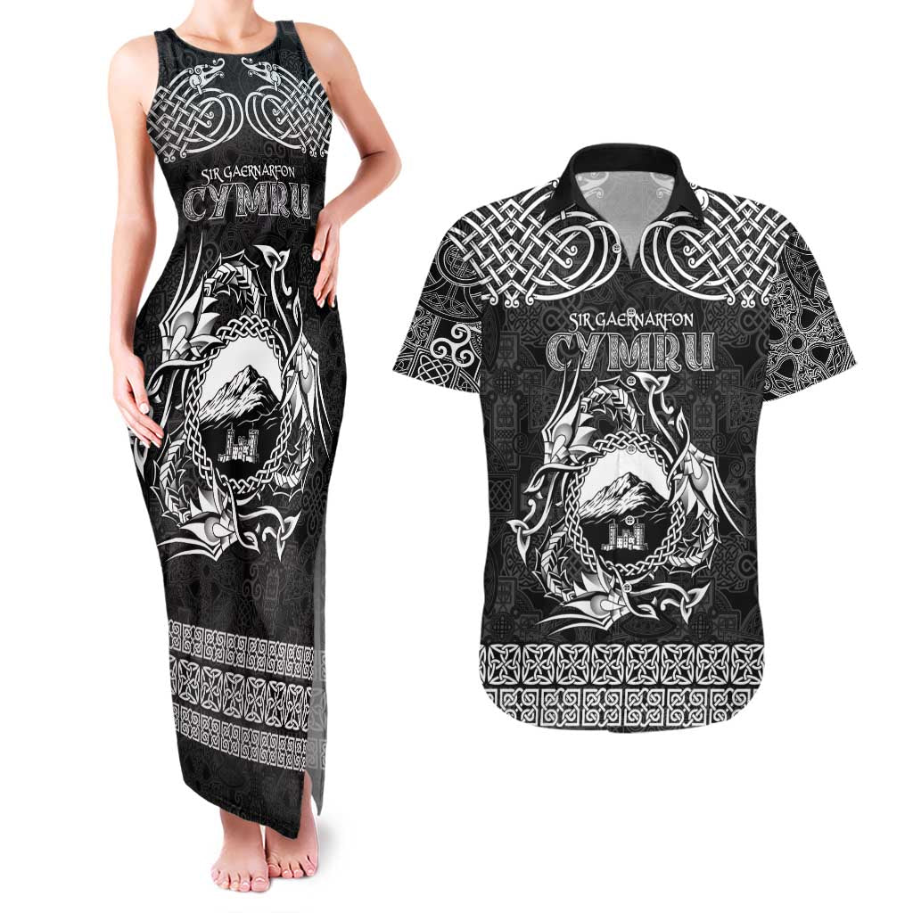 Personalized Caernarfonshire Sir Gaernarfon Couples Matching Tank Maxi Dress and Hawaiian Shirt Black Castle Tower Celtic-inspired - Wonder Print Shop