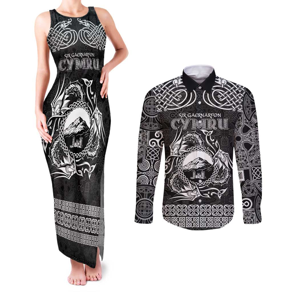 Personalized Caernarfonshire Sir Gaernarfon Couples Matching Tank Maxi Dress and Long Sleeve Button Shirt Black Castle Tower Celtic-inspired - Wonder Print Shop