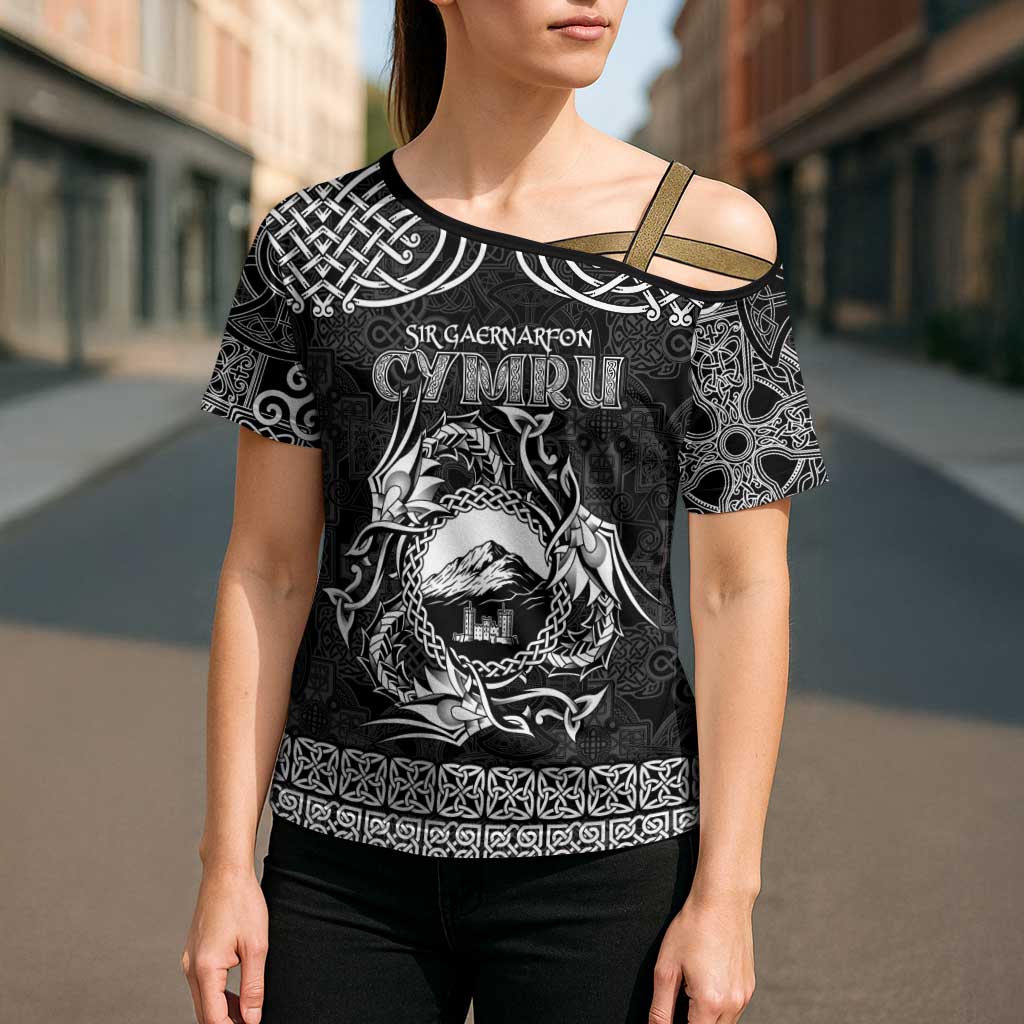 Personalized Caernarfonshire Sir Gaernarfon Cross Shoulder Shirt Black Castle Tower Celtic-inspired - Wonder Print Shop
