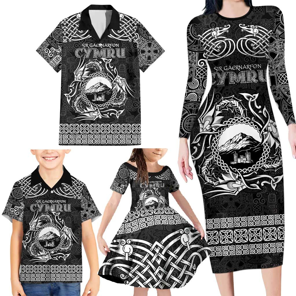 Personalized Caernarfonshire Sir Gaernarfon Family Matching Long Sleeve Bodycon Dress and Hawaiian Shirt Black Castle Tower Celtic-inspired - Wonder Print Shop