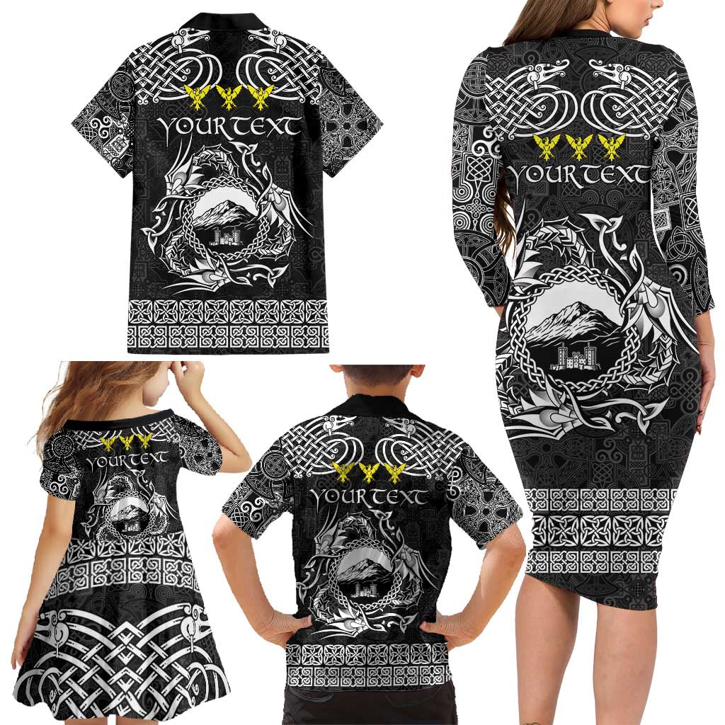 Personalized Caernarfonshire Sir Gaernarfon Family Matching Long Sleeve Bodycon Dress and Hawaiian Shirt Black Castle Tower Celtic-inspired - Wonder Print Shop