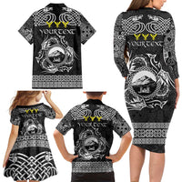 Personalized Caernarfonshire Sir Gaernarfon Family Matching Long Sleeve Bodycon Dress and Hawaiian Shirt Black Castle Tower Celtic-inspired - Wonder Print Shop