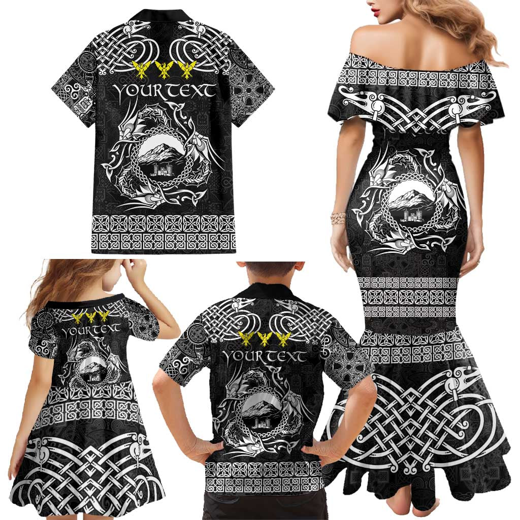 Personalized Caernarfonshire Sir Gaernarfon Family Matching Mermaid Dress and Hawaiian Shirt Black Castle Tower Celtic-inspired - Wonder Print Shop