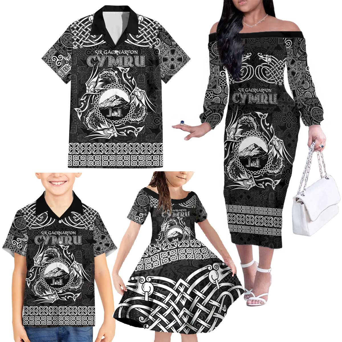Personalized Caernarfonshire Sir Gaernarfon Family Matching Off The Shoulder Long Sleeve Dress and Hawaiian Shirt Black Castle Tower Celtic-inspired - Wonder Print Shop