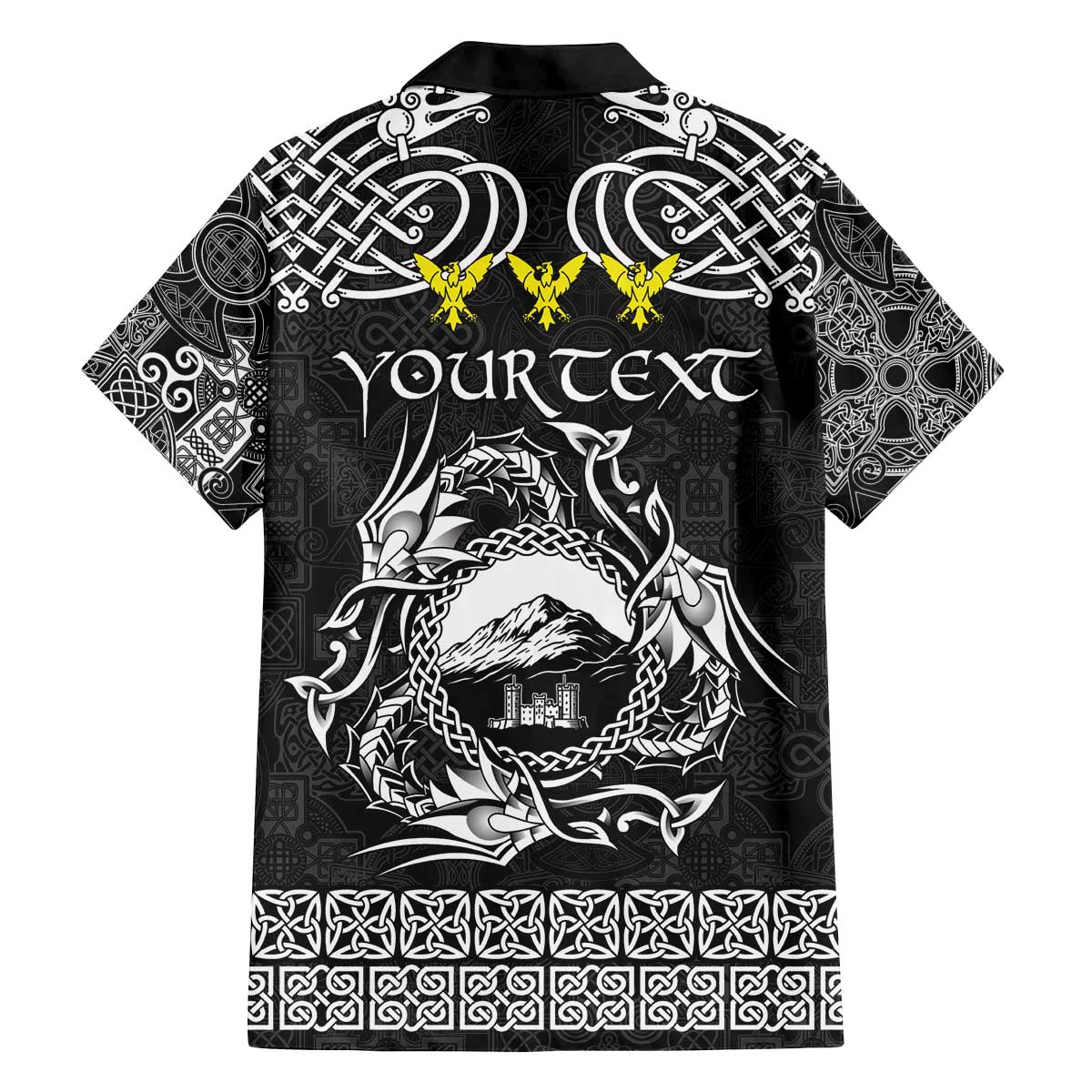 Personalized Caernarfonshire Sir Gaernarfon Family Matching Off The Shoulder Long Sleeve Dress and Hawaiian Shirt Black Castle Tower Celtic-inspired - Wonder Print Shop