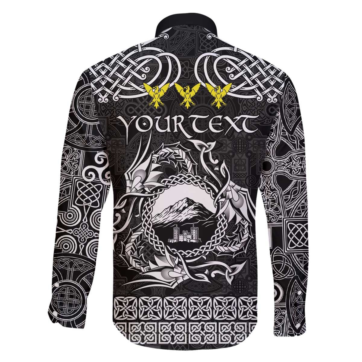 Personalized Caernarfonshire Sir Gaernarfon Family Matching Off The Shoulder Long Sleeve Dress and Hawaiian Shirt Black Castle Tower Celtic-inspired - Wonder Print Shop