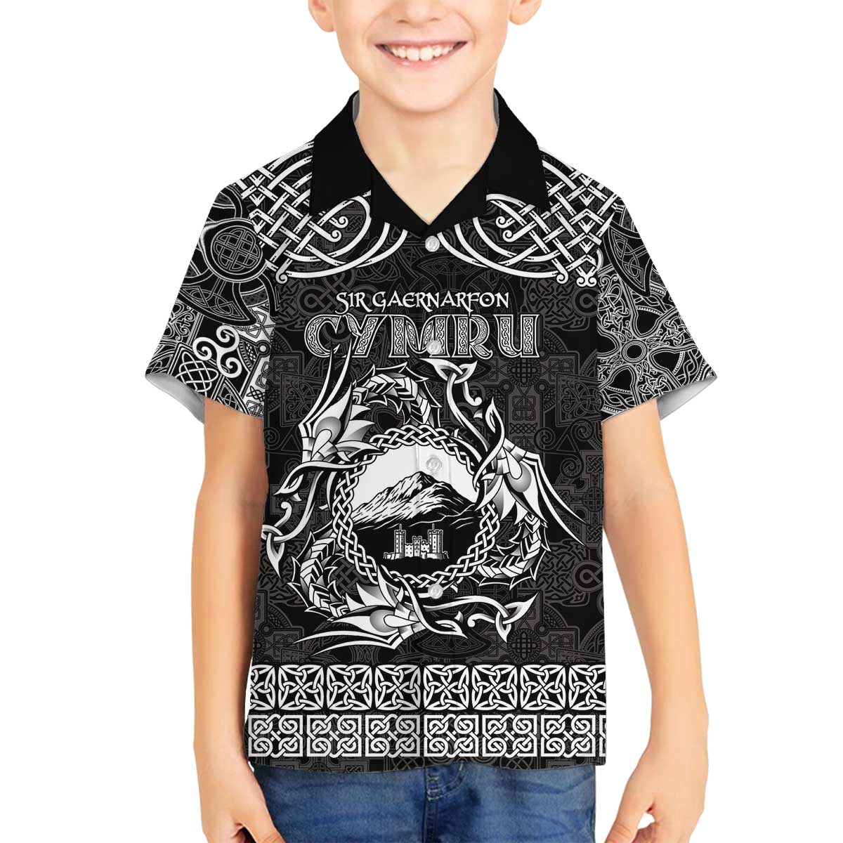 Personalized Caernarfonshire Sir Gaernarfon Family Matching Off The Shoulder Long Sleeve Dress and Hawaiian Shirt Black Castle Tower Celtic-inspired - Wonder Print Shop