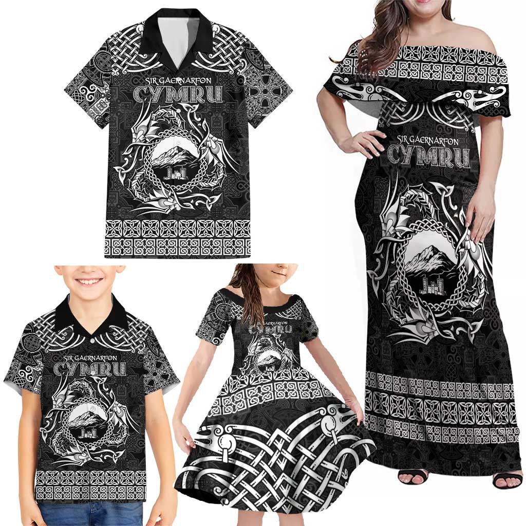 Personalized Caernarfonshire Sir Gaernarfon Family Matching Off Shoulder Maxi Dress and Hawaiian Shirt Black Castle Tower Celtic-inspired - Wonder Print Shop