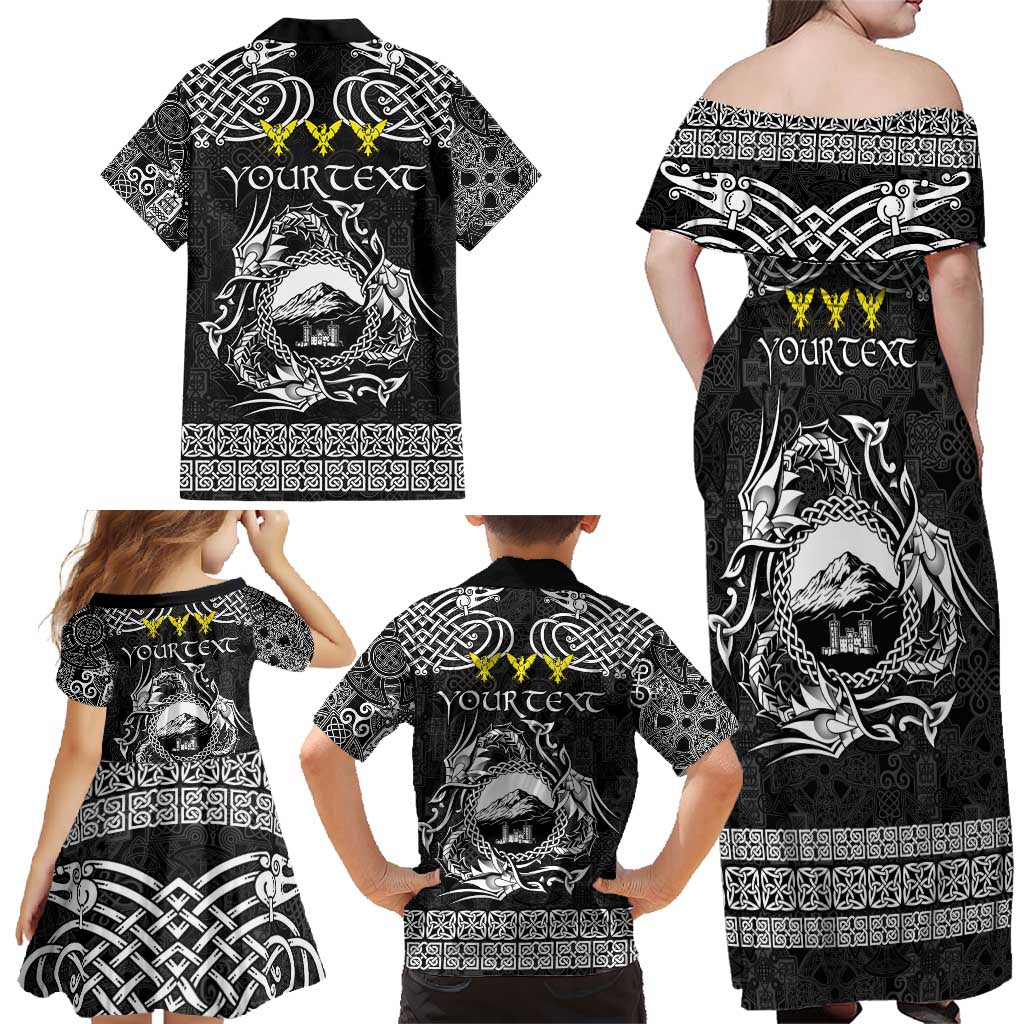 Personalized Caernarfonshire Sir Gaernarfon Family Matching Off Shoulder Maxi Dress and Hawaiian Shirt Black Castle Tower Celtic-inspired - Wonder Print Shop