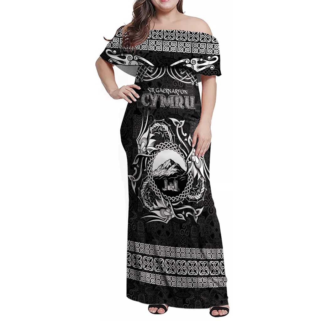 Personalized Caernarfonshire Sir Gaernarfon Family Matching Off Shoulder Maxi Dress and Hawaiian Shirt Black Castle Tower Celtic-inspired - Wonder Print Shop