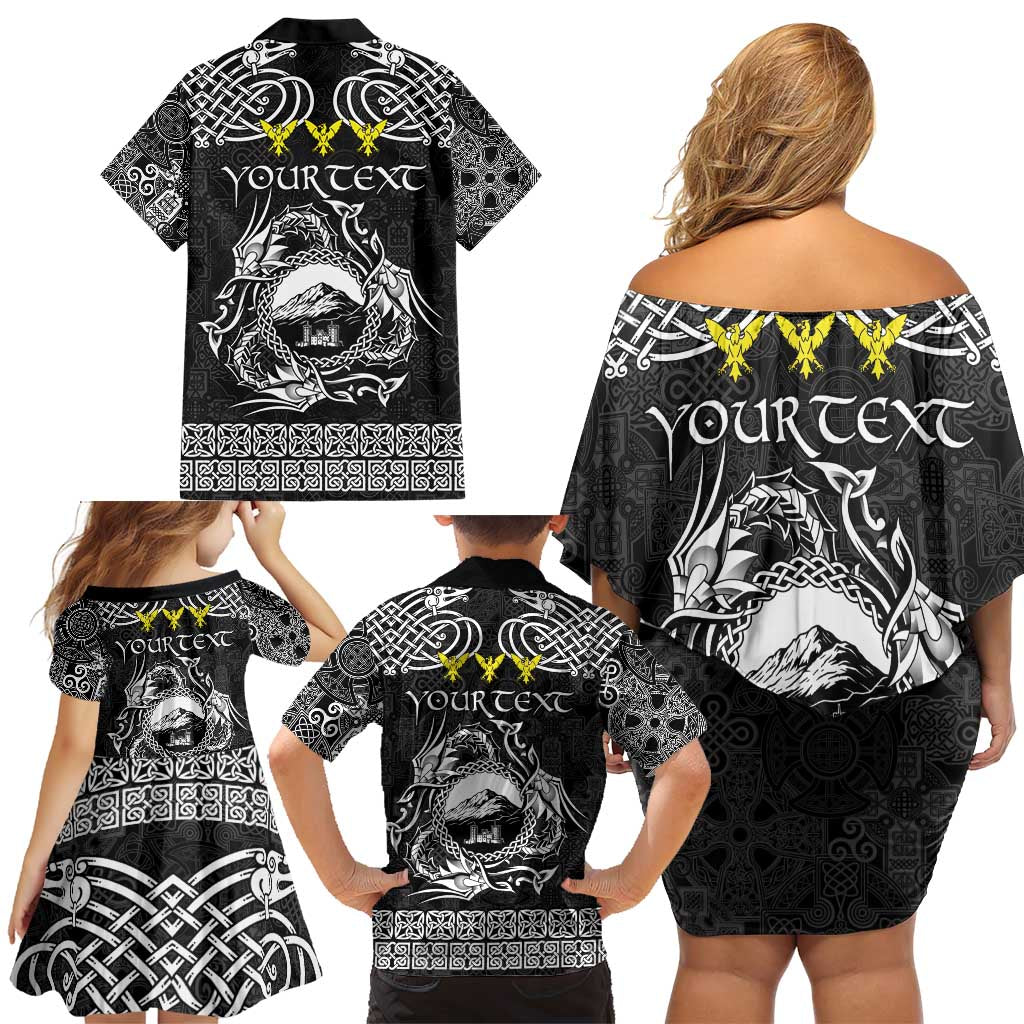 Personalized Caernarfonshire Sir Gaernarfon Family Matching Off Shoulder Short Dress and Hawaiian Shirt Black Castle Tower Celtic-inspired - Wonder Print Shop