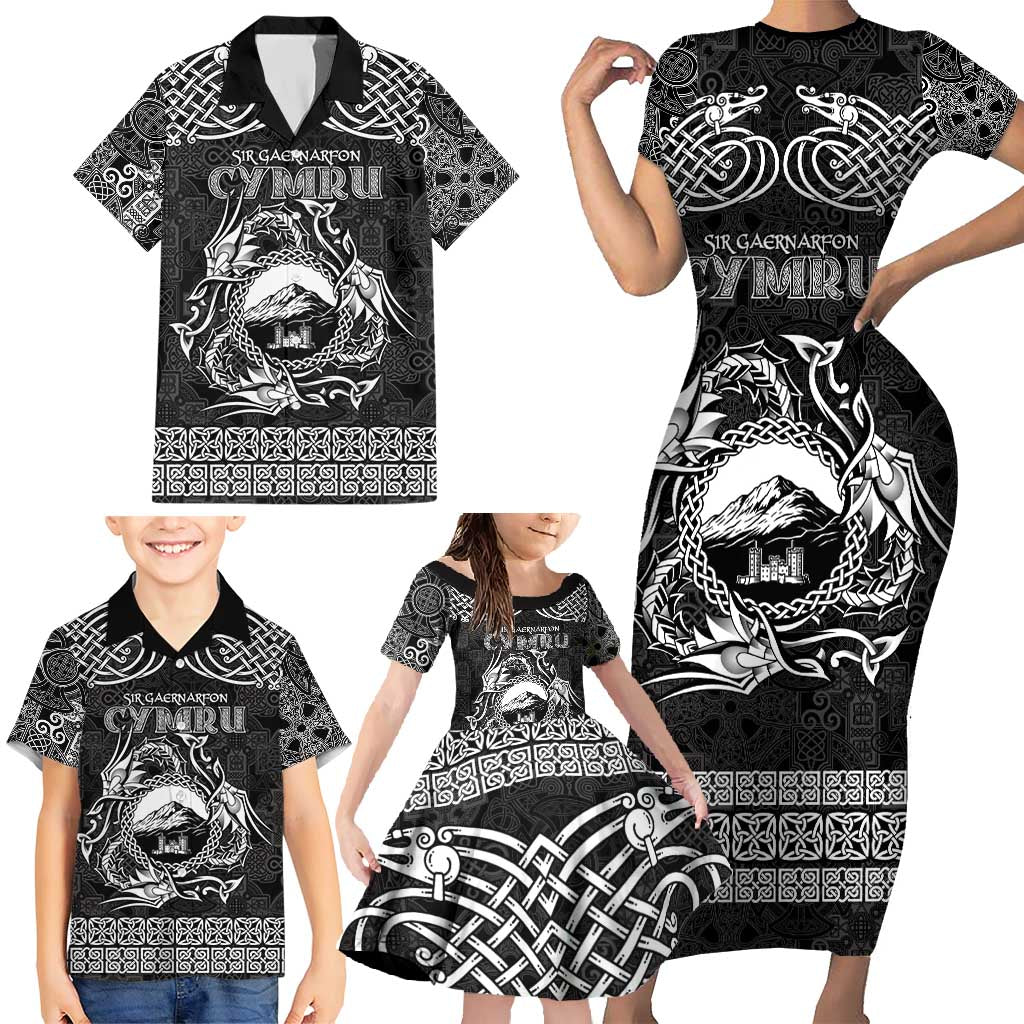 Personalized Caernarfonshire Sir Gaernarfon Family Matching Short Sleeve Bodycon Dress and Hawaiian Shirt Black Castle Tower Celtic-inspired - Wonder Print Shop