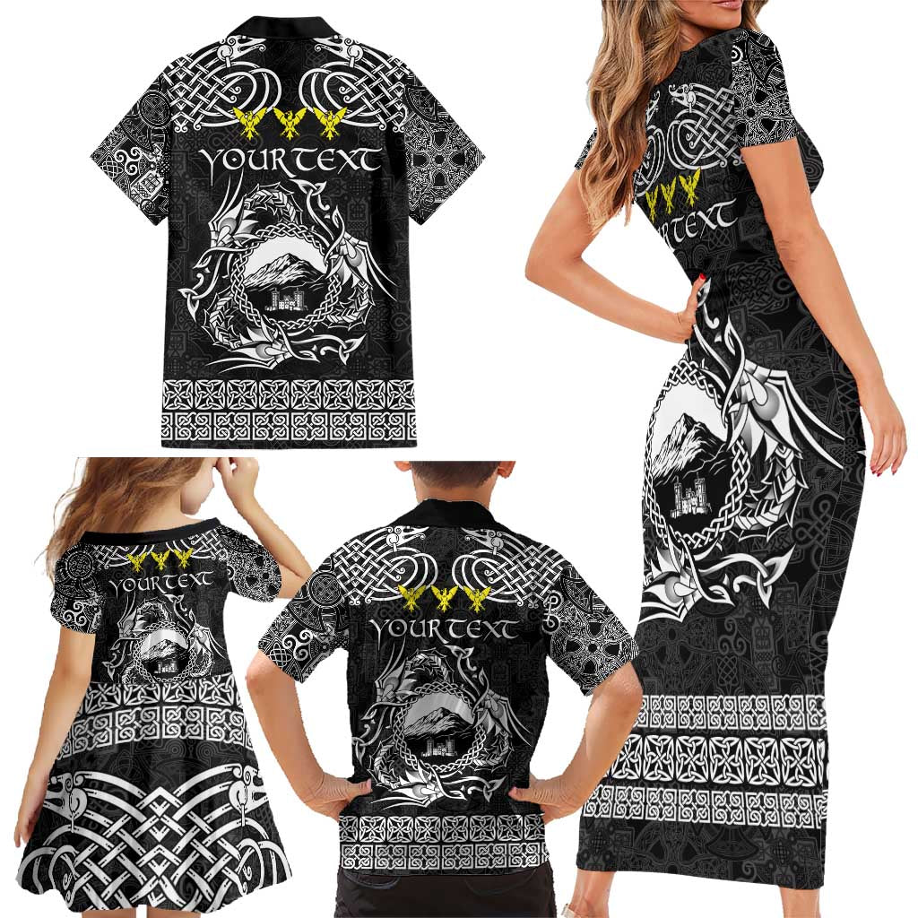 Personalized Caernarfonshire Sir Gaernarfon Family Matching Short Sleeve Bodycon Dress and Hawaiian Shirt Black Castle Tower Celtic-inspired - Wonder Print Shop