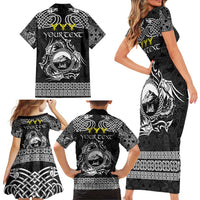 Personalized Caernarfonshire Sir Gaernarfon Family Matching Short Sleeve Bodycon Dress and Hawaiian Shirt Black Castle Tower Celtic-inspired - Wonder Print Shop