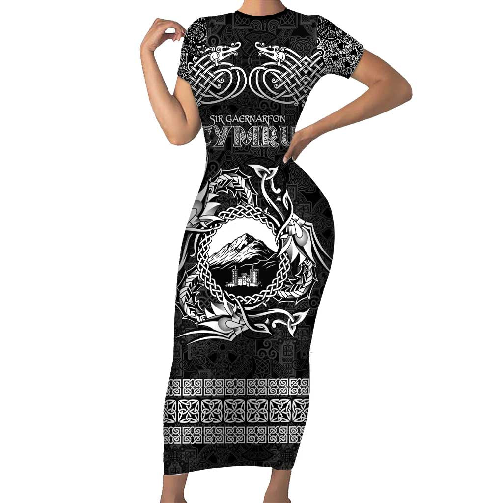 Personalized Caernarfonshire Sir Gaernarfon Family Matching Short Sleeve Bodycon Dress and Hawaiian Shirt Black Castle Tower Celtic-inspired - Wonder Print Shop