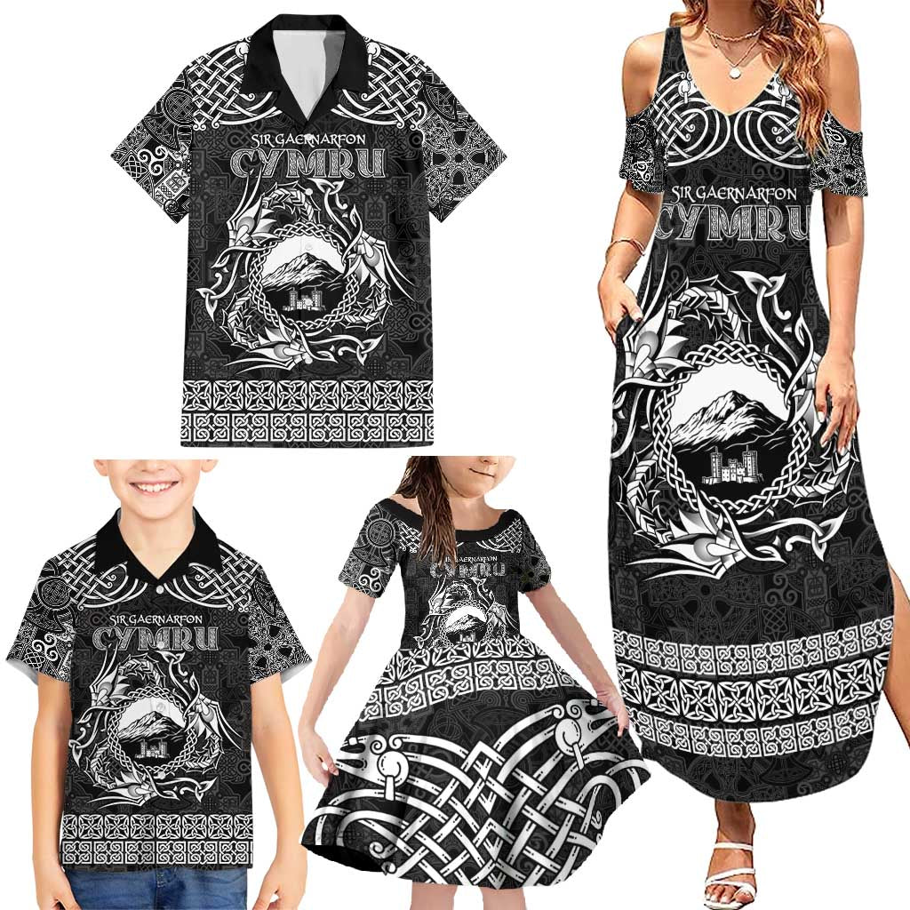 Personalized Caernarfonshire Sir Gaernarfon Family Matching Summer Maxi Dress and Hawaiian Shirt Black Castle Tower Celtic-inspired - Wonder Print Shop