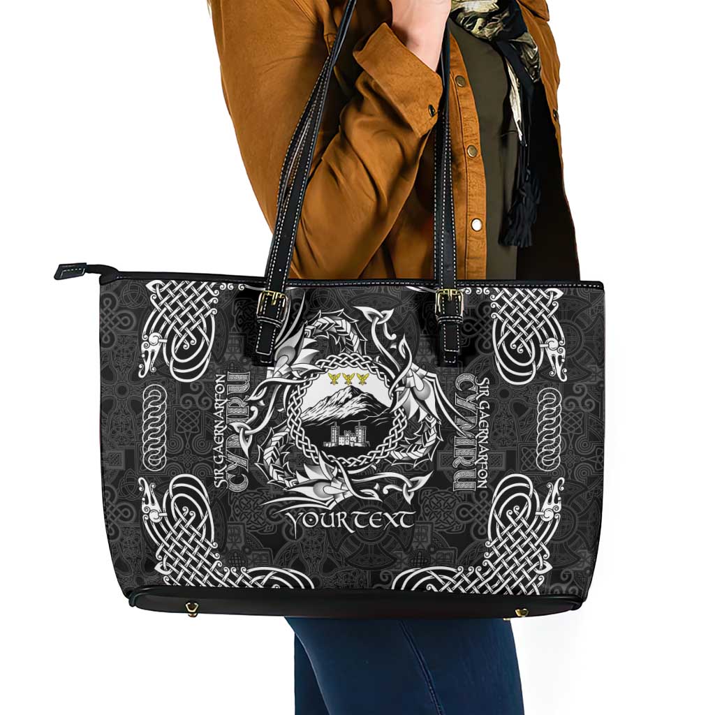 Personalized Caernarfonshire Sir Gaernarfon Leather Tote Bag Black Castle Tower Celtic-inspired - Wonder Print Shop