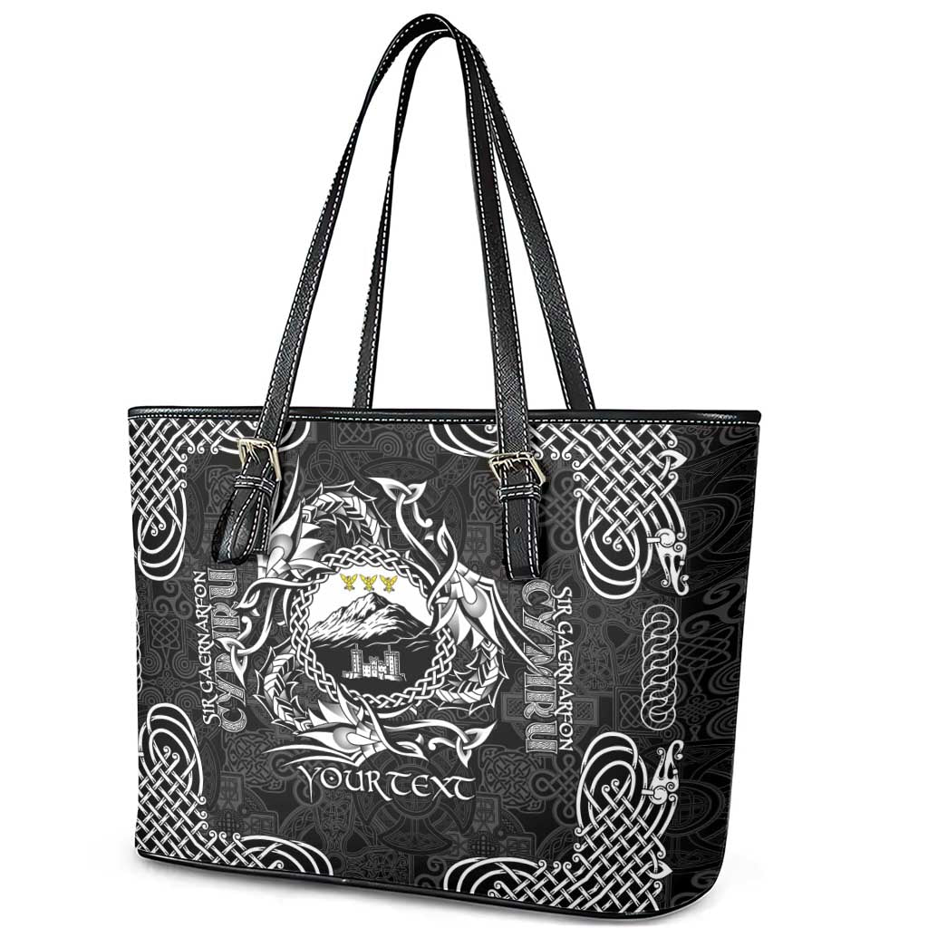 Personalized Caernarfonshire Sir Gaernarfon Leather Tote Bag Black Castle Tower Celtic-inspired - Wonder Print Shop