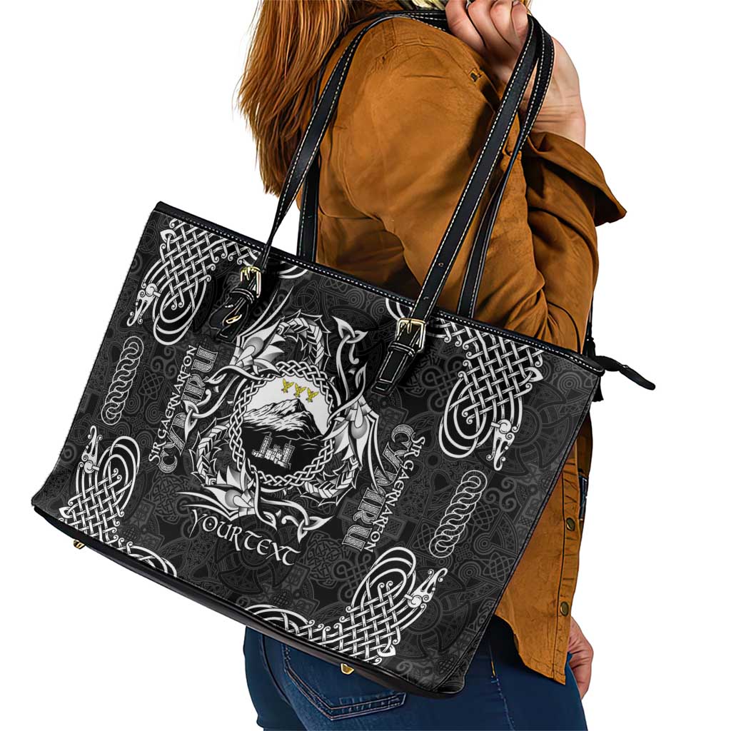 Personalized Caernarfonshire Sir Gaernarfon Leather Tote Bag Black Castle Tower Celtic-inspired - Wonder Print Shop