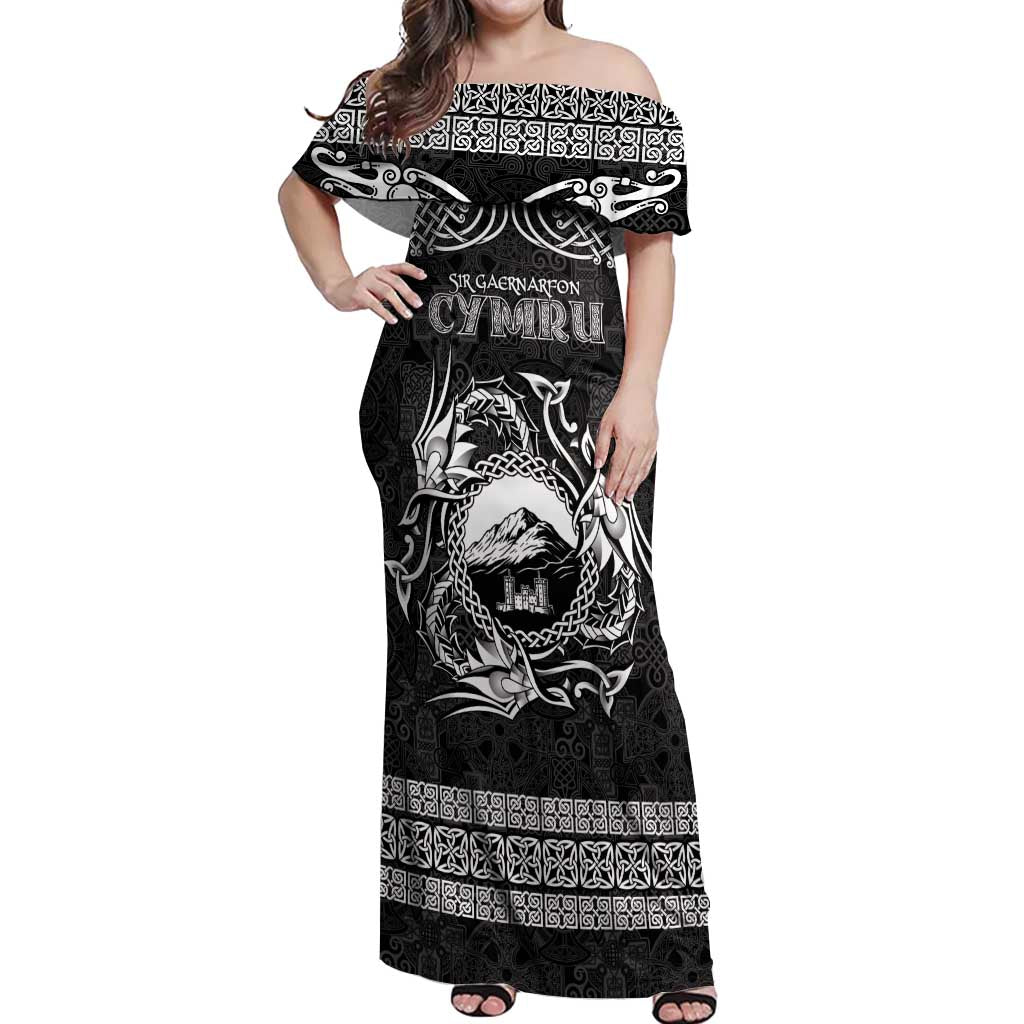 Personalized Caernarfonshire Sir Gaernarfon Off Shoulder Maxi Dress Black Castle Tower Celtic-inspired - Wonder Print Shop