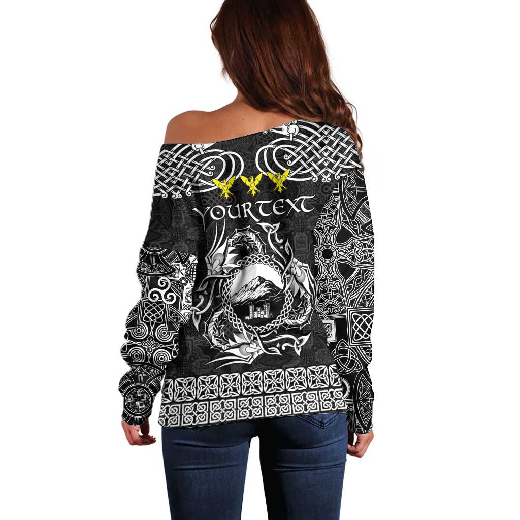 Personalized Caernarfonshire Sir Gaernarfon Off Shoulder Sweater Black Castle Tower Celtic-inspired - Wonder Print Shop