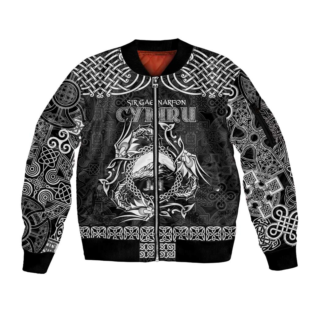 Personalized Caernarfonshire Sir Gaernarfon Sleeve Zip Bomber Jacket Black Castle Tower Celtic-inspired - Wonder Print Shop