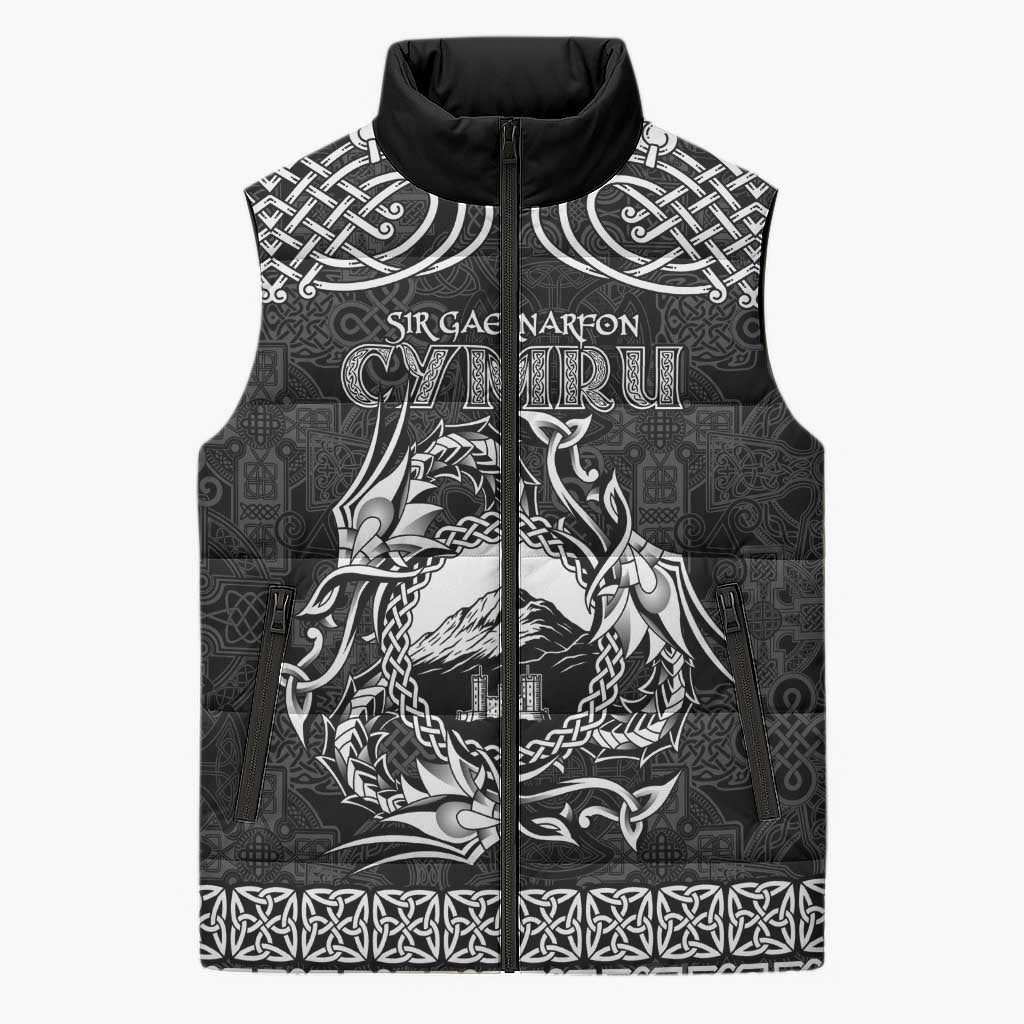 Personalized Caernarfonshire Sir Gaernarfon Sleeveless Puffer Jacket Black Castle Tower Celtic-inspired - Wonder Print Shop