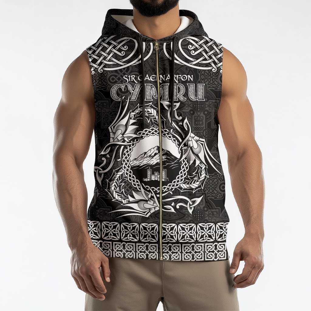 Personalized Caernarfonshire Sir Gaernarfon Sleeveless Zip Hoodie Black Castle Tower Celtic-inspired - Wonder Print Shop