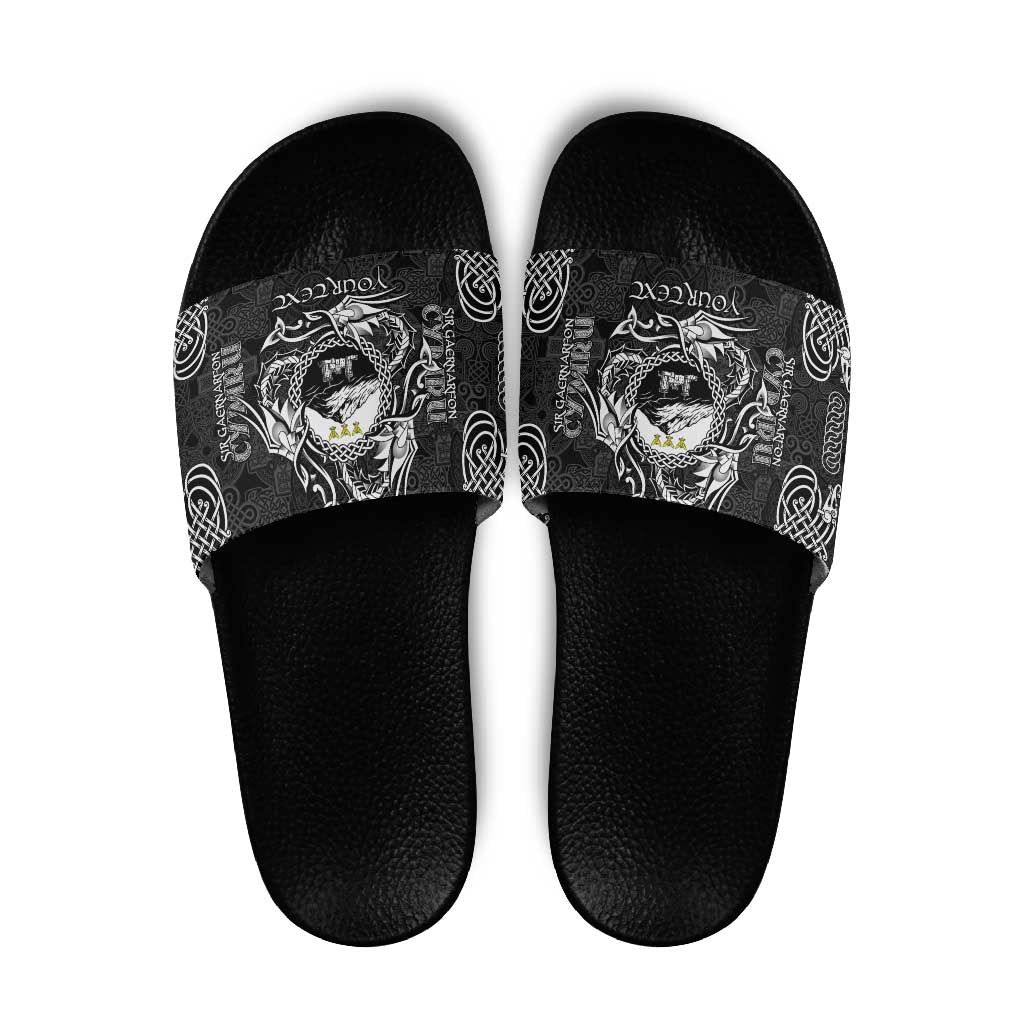 Personalized Caernarfonshire Sir Gaernarfon Slide Sandals Black Castle Tower Celtic-inspired - Wonder Print Shop