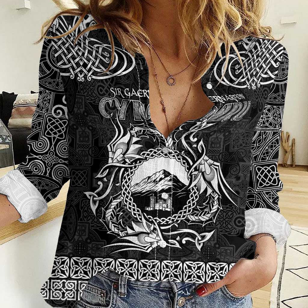 Personalized Caernarfonshire Sir Gaernarfon Women Casual Shirt Black Castle Tower Celtic-inspired - Wonder Print Shop
