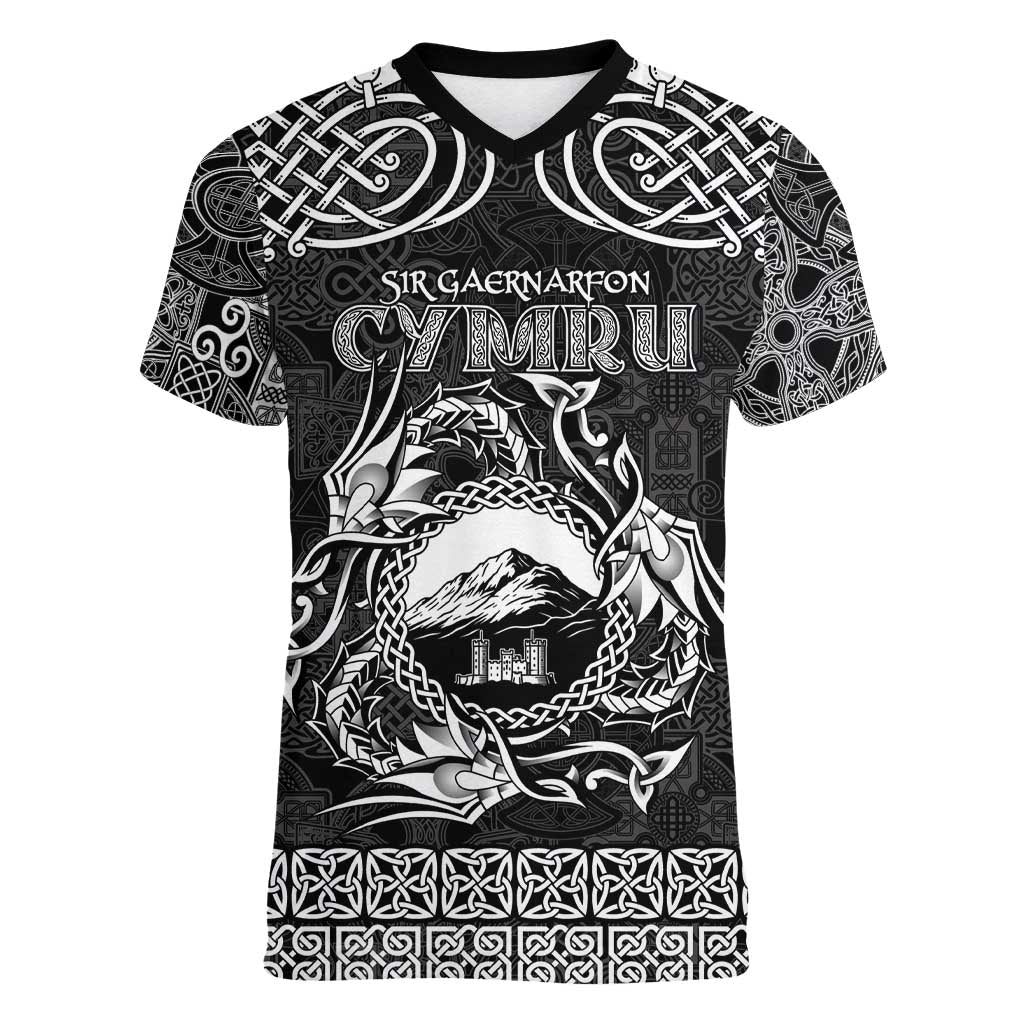 Personalized Caernarfonshire Sir Gaernarfon Women V-Neck T-Shirt Black Castle Tower Celtic-inspired - Wonder Print Shop